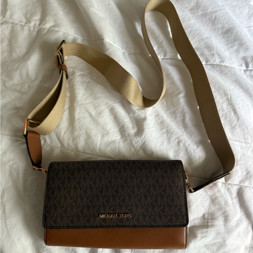 Michael Kors Dark Brown and Tan Crossbody Bag